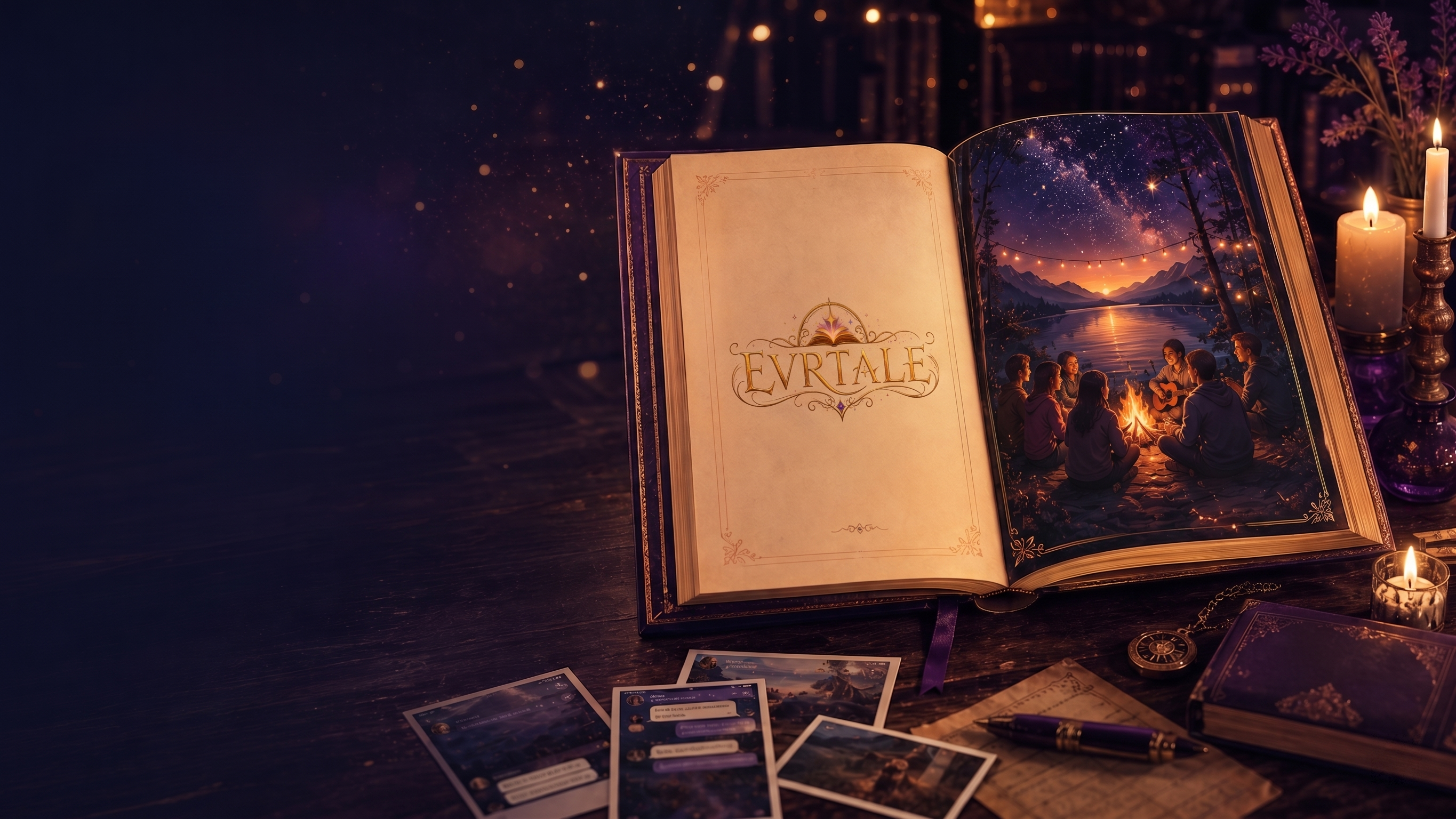 An EvrTale storybook open on a candlelit table